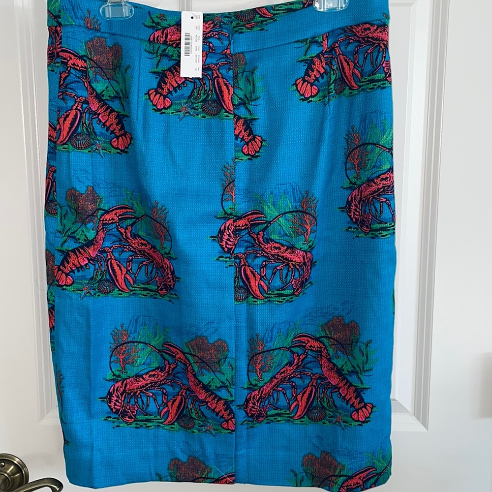 NWT J Crew lobster print pencil skirt size 10 , lined, back zipper, teal, red